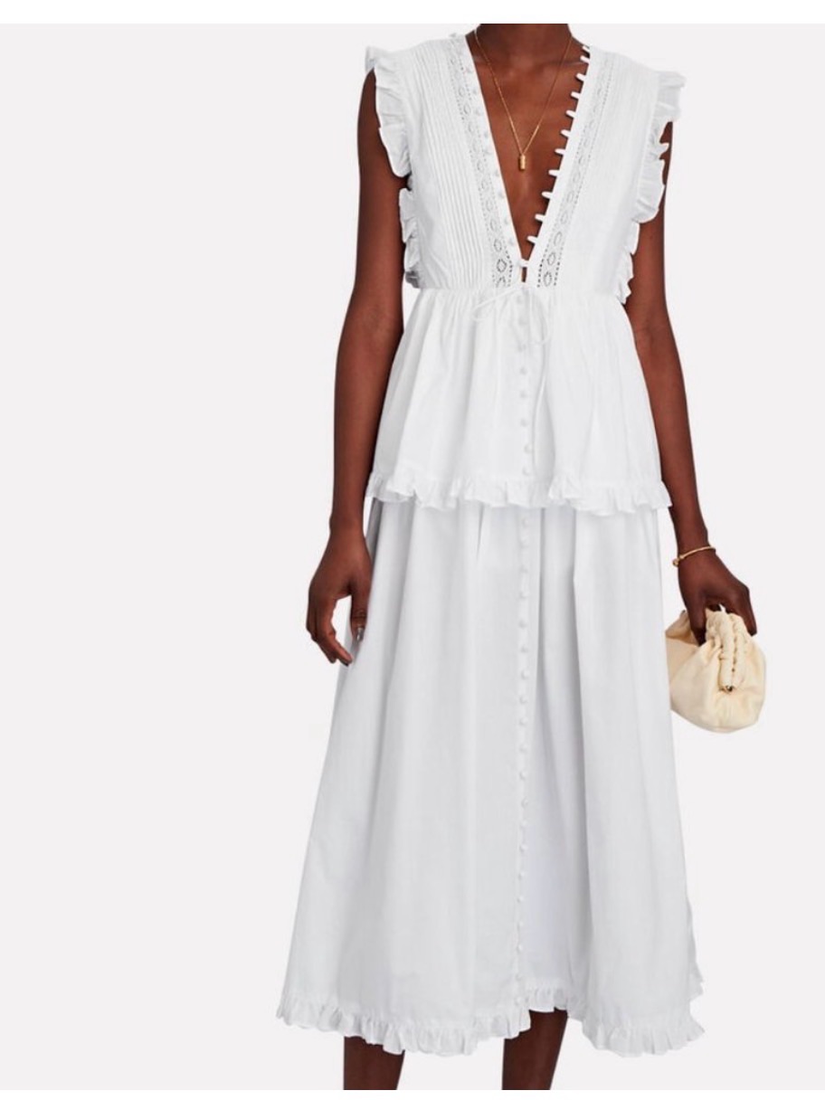 Sleeveless White Midi Dress With Ruffle Trim